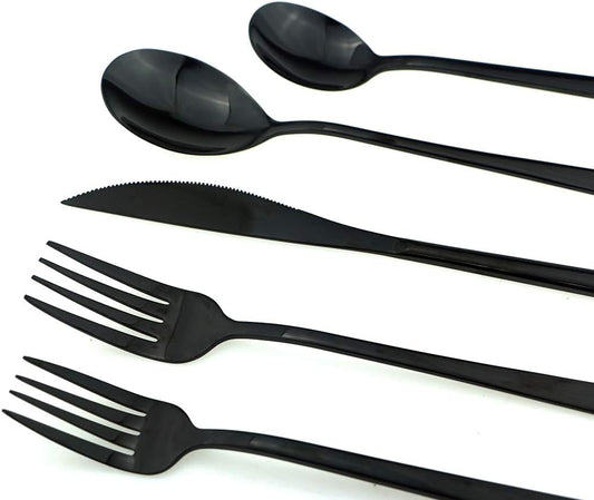 JASHII Mirror Polished Black 20-Piece SUS304 Stainless Steel Flatware Set,Silverware Set Dinner Knife Fork Spoon Dessert Fork Salad Spoon Service for 4