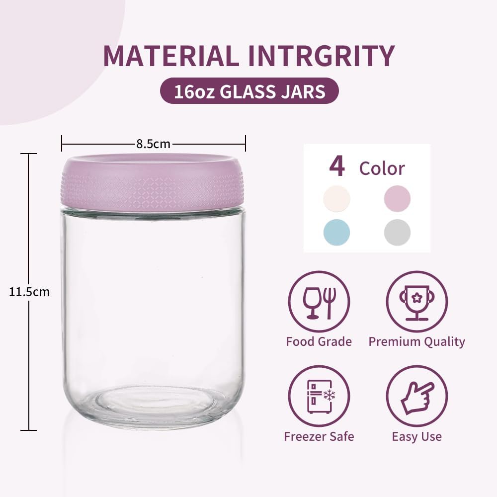 BCnmviku 16 oz Mason Jars Overnight Oats Containers with Lids, 4 PACK Glass jars with Airtight Lids, Wide mouth Mason Salad Spice jars, Glass Food Storage Containers for Snacks Yogurt Spice Sugar