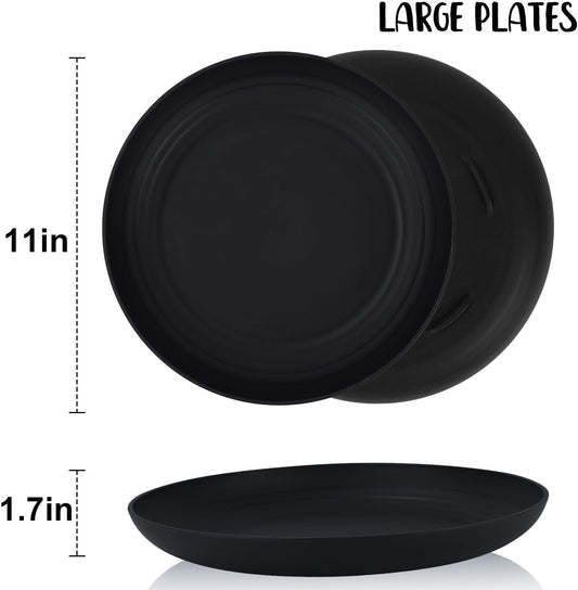 11 Inch Wheat Straw Plates - 8 Piece Set, Unbreakable Dinner Plates, Microwave Safe, Black & Grey