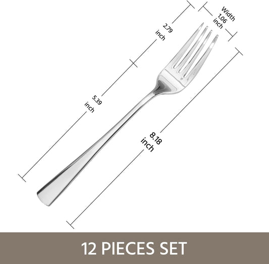 KINGSTONE 12 Piece Dinner Forks Set, 18/10 Stainless Steel Forks, Silver Food Grade Fork Set of 12, Metal Forks for Home, Kitchen, Weddings, Parties or Restaurant, Dishwasher Safe-8.18inches