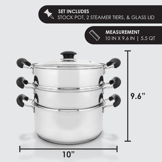 CONCORD 10" Stainless Steel 3 Tier Steamer Steaming Pot Cookware 24 CM (Induction Compatible)