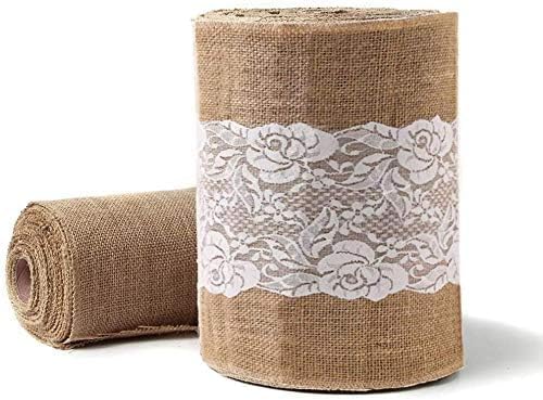Burlap Lace Table Runner, 12” Wide X 30 Yards Lace Vintage Rolls Runners Rustic Country Barn for Wedding Decoration Rustic Kitchen Decor Farmhouse (12" x30Yard with lace)