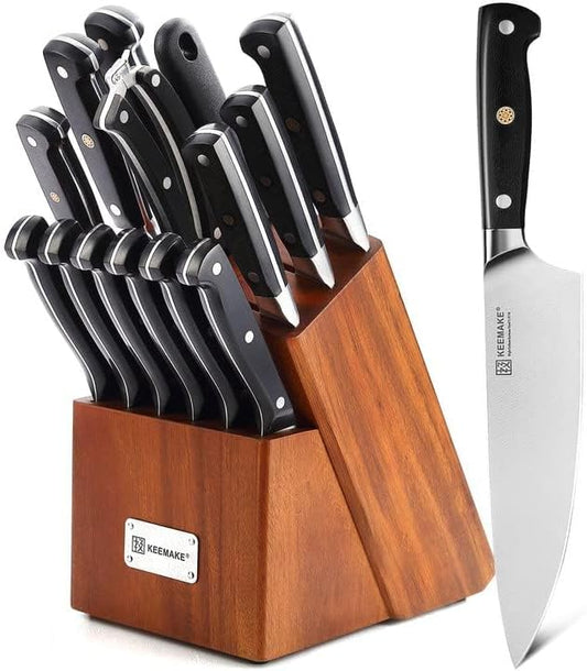 KEEMAKE Knife Block Set, 15Pcs High Carbon Stainless Steel Kitchen Knife Set with Block, Ultra Sharp Knives Set for Kitchen with Knife Sharpener Kitchen Scissors, Forged Chef Knife Set