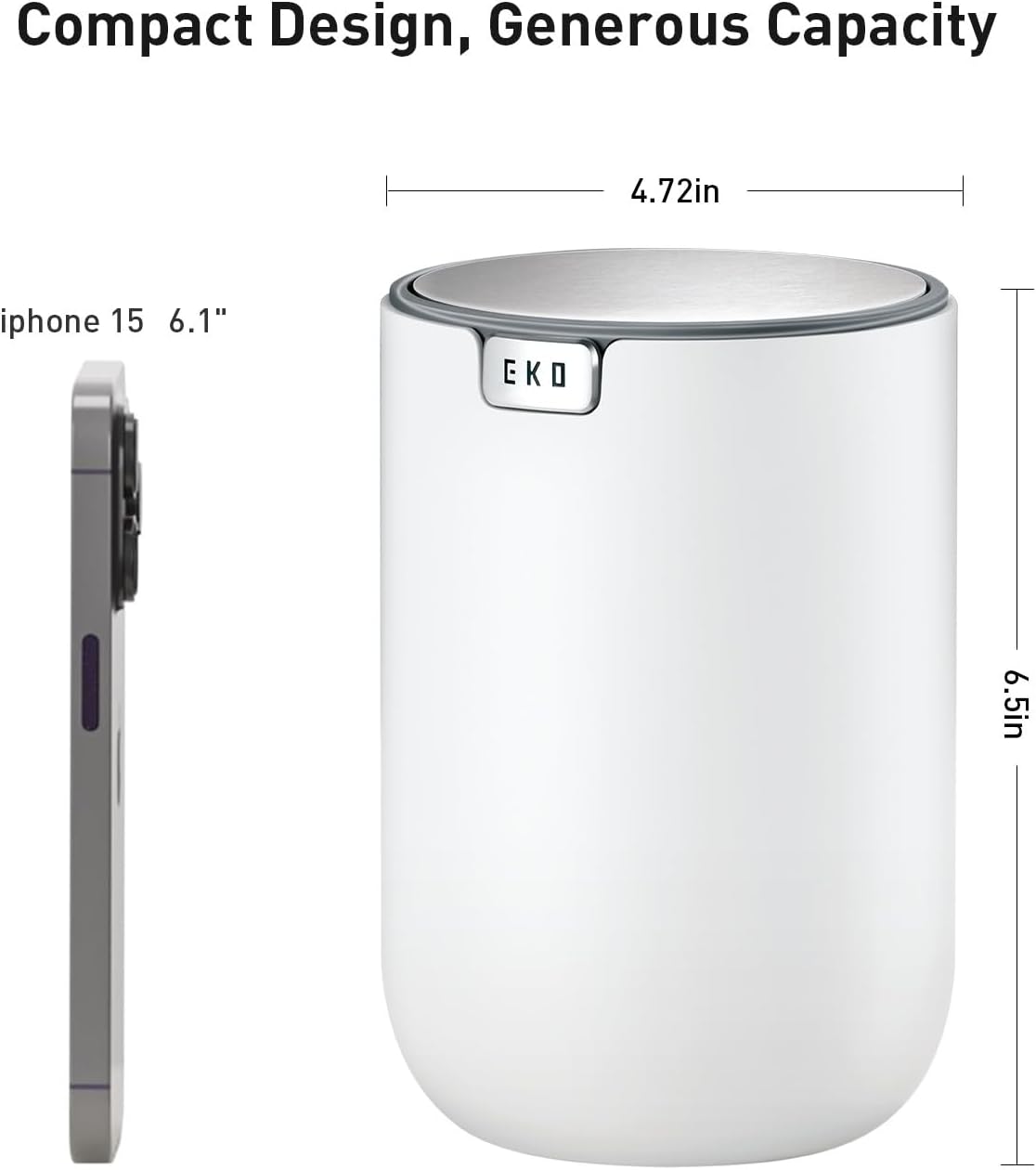 EKO Mini Desk Trash Can with Swing-Top Lid 0.4 Gallon Small Table Round Wastebasket for Office, Home, Car (White)