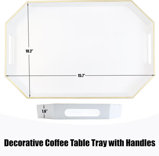 White Decorative Tray with Handles, Octagon Versatile Serving Tray for Coffee Table, Ottoman, Ideal for Serving, Displaying, Organizing