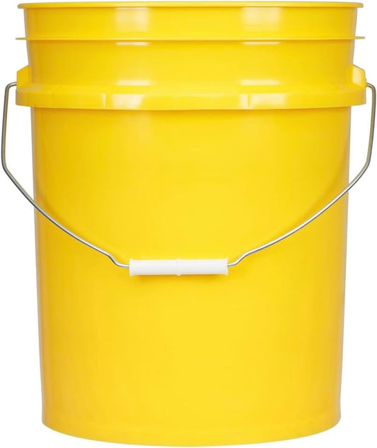 House Naturals 5 Gallon Plastic Yellow Food Grade BPA Free Made in USA Bucket Pail with Air Tight Double Gasket Screw on Lid(Pack of 3) (Yellow and Red lids)