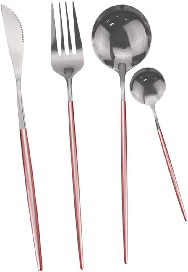 24-Piece Flatware Set, 18/0 Stainless Steel Knife Fork Spoon Teaspoon Silverware Set, Service for 6, Pink Handle Silver