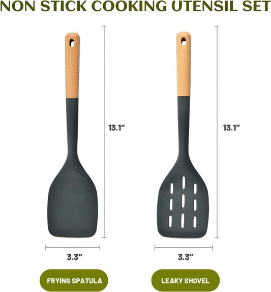 Pack of 2 Silicone Spatula, Non Stick Cooking Utensil Set Wooden Handle Kitchen Turner for Baking Mixing Grilling Serving Food Heat Resistant Non Scratch (Dark gray)