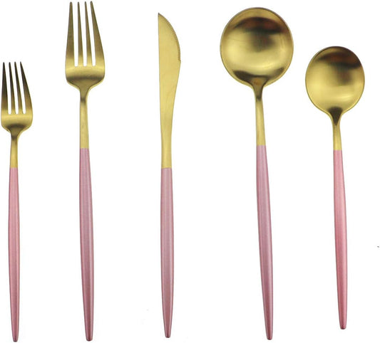 Gugrida Pink Gold Flatware, Royal 20 Piece Matte Pink Handle 18/10 Stainless Steel Tableware Sets for 4 Including Forks Spoons Knives, Camping Silverware Travel Utensils Set Cutlery (Pink Gold)