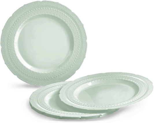 " OCCASIONS " 640pcs set (80 Guests)-Extra Heavyweight Vintage Wedding Disposable/Reusable Plastic Plates 80 x 11'' + 80 x 8.25''+Silverware+Cups+Napkins (Chateau in Mint)