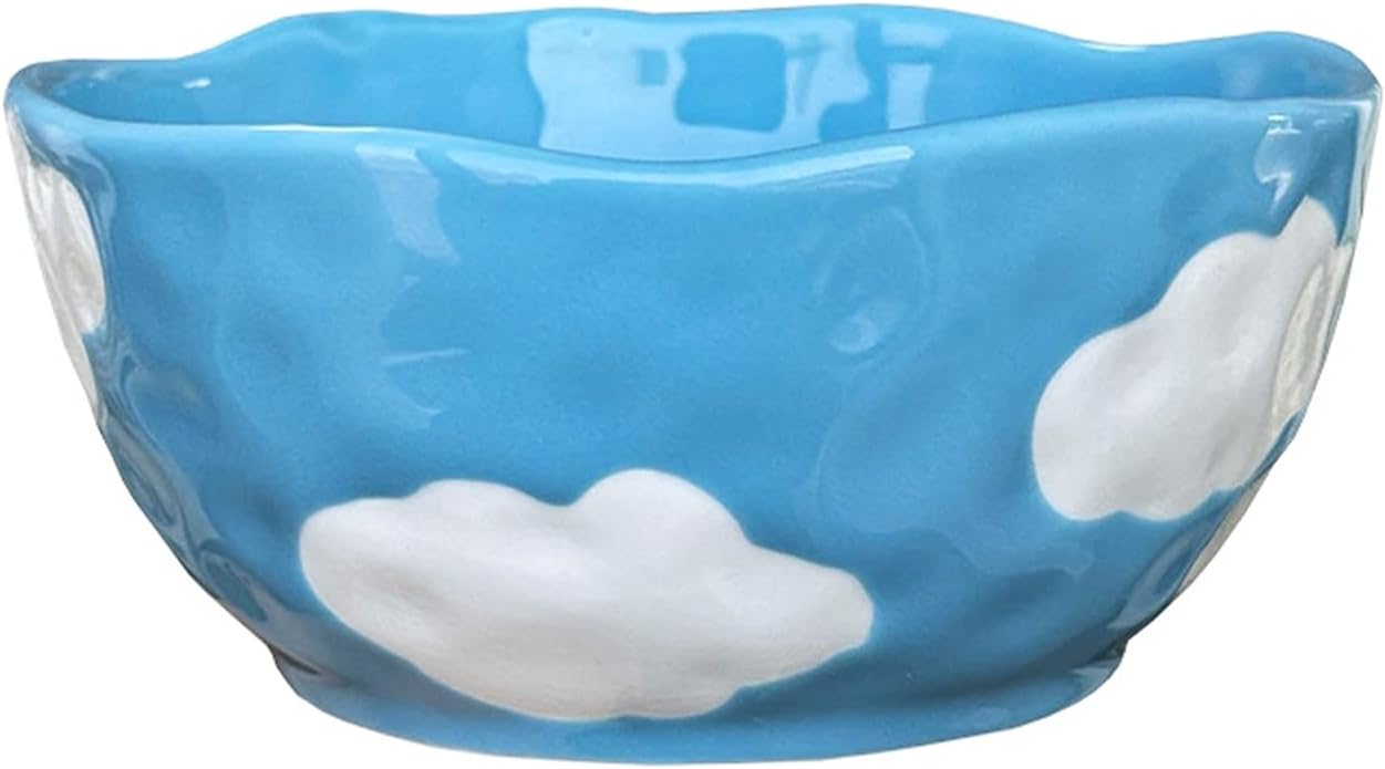 Koythin Ceramic Cereal Bowl, Cute Flowers Pattern Kitchen Bowls for Cereal, Salad, Pasta, Soup, Dessert, Serving, Home Decor, Microwave and Dishwasher Safe (Blue Sky and White Clouds)