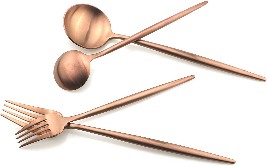 Gugrida 5 Pieces Matte Rose Gold Flatware Set, 18/10 Stainless Steel Cutlery Sets Including Knife Fork Spoon w/Dessert Fork Teaspoon, Silverware Sets Service for 1