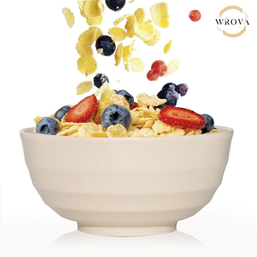 Wrova Wheat Straw Bowls Set 60 OZ, Unbreakable Large Beige Bowls Set of 6, Microwave & Dishwasher Safe Big Cereal Bowl for Picnic and Party BPA Free Salad Bowl for Serving Oatmeal and Popcorn (Beige)