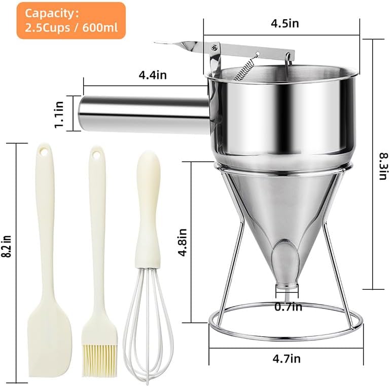 20oz Pancake Batter Dispenser, Stainless Steel Funnel Cake Dispenser with 4 Silicone Nozzles, Perfect for Pancakes, Cupcakes, and Funnel Cakes