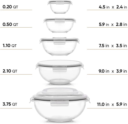 JoyJolt Kitchen Mixing Bowls. 5pc Glass Bowls with Lids Set – Neat Nesting Bowls. Large Mixing Bowl Set incl Batter Bowl, Cooking Bowls, Storage Bowls with Lids and Big Salad Bowl with BPA-Free Lids