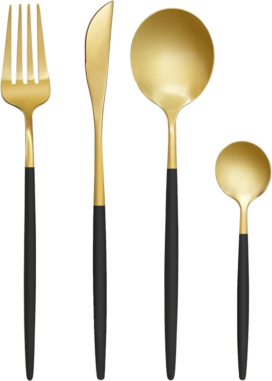Gold Black Silverware Set, 24 pcs Golden Flatware for 6, Black and Gold Flatware, Stainless Steel Silverware Set,Kitchen Cutlery Sets, Include Knives/Forks/Spoons