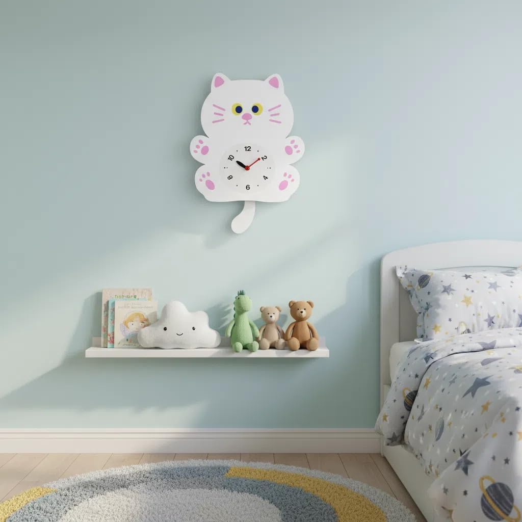 FASHION in THE CITY Adorable Cat Themed Swing Wall Clock - Silent Non-Ticking Pendulum Clock, Easy to Read Analog Clock for Cat Lovers, Nursery, Kitchen, Cute Home Decor Gift (YBZ001-White)