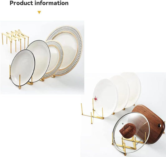 2Pcs Gold Stainless Steel Plate Rack, Glass lid Plate Organizer, Displayable Collapsible Pot lid Plate Premium Display Rack, Kitchen Essentials