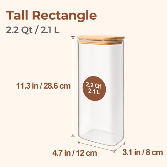 ComSaf 2.2 Qt Rectangle Glass Storage Containers with Lids, Glass Jars with Bamboo Lids, Clear Food Storage Jar, Tall Spaghetti Container, Pantry Storage Container for Pasta Flour Oats Nuts Rice