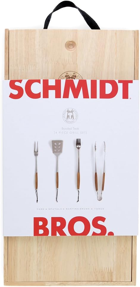 Schmidt Brothers - BBQ Bonded Teak 4 Piece Grilling Accessory Set, Full-Forged Stainless Steel Grilling Utensils Including Spatula, Fork, Basting Brush, and Tongs with All Wood Handles