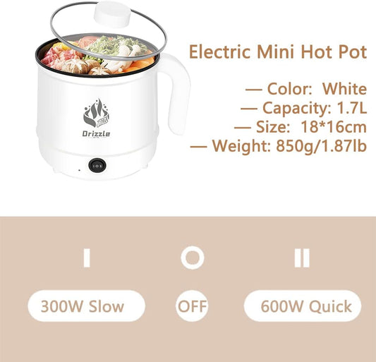 Drizzle Electric Cooker 1.7L - Mini Skillet Non-Stick Coating - Stir Fry Food Maker 110V Portable Cookerware Dorm Cooking - for Personal Ramen Boiling Steak Egg Oatmeal Soup Shabu Shabu Pot Simmer Pot