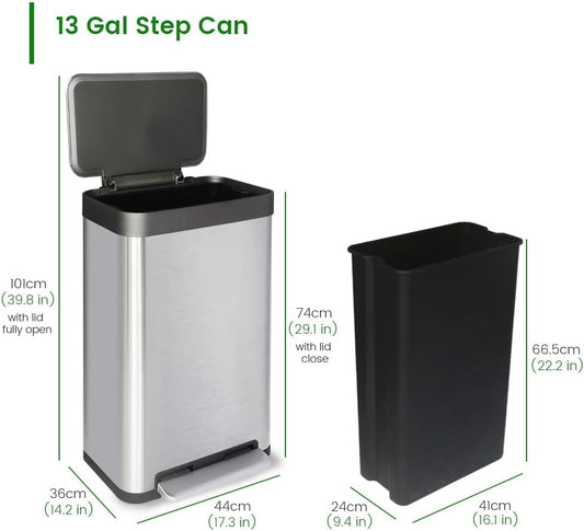 50 Liter / 13 Gallon Trash Can, Fingerprint Proof Stainless Steel Kitchen Trash Can with Removable Inner Bucket, Pedal Rubbish Bin for Home Offices and Public Areas
