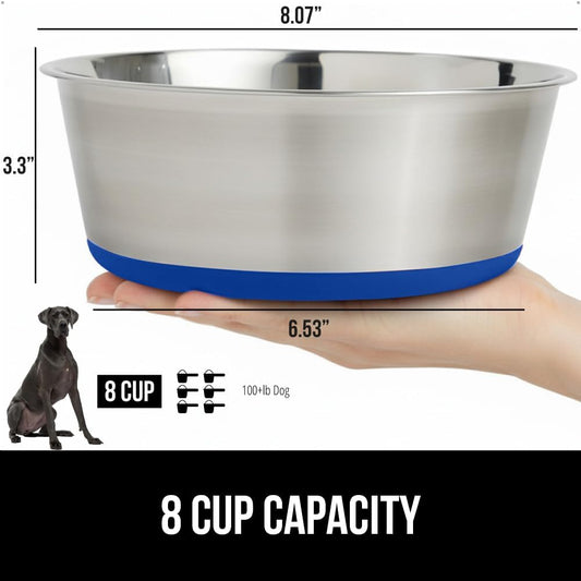 GORILLA GRIP Set of 2 Dog Bowls, Holds 8 Cups (64 fl oz), Heavy Duty Metal Food and Water Bowl for Feeding Dogs and Cats, Dishwasher Safe, Rust Resistant Stainless Steel, BPA Free Rubber Base, Blue