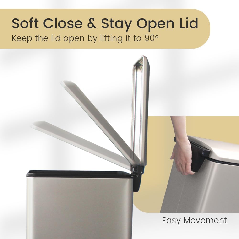 12 Gallon Trash Can with Lid,45L Kitchen Garbage Can,Stainless Steel Trash Can for Narrow Spaces with Soft-Close Lid, Inner Bucket, and Step-on Pedal