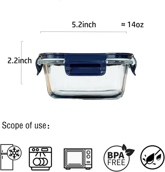 Square Glass Food Storage Containers With Lids,2 Cup Square Glass Containers With Lids, Small Food Containers, 16 oz Leak-proof lunch Bowls, Dishwasher Microwave Freezer Safe -(Dark Blue)
