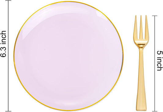 Festiva 200Pcs Purple Gold Dessert Plates 6.3" with Plastic Forks 5"- Disposable Lavender Purple Cake/Appetizer/Salad Plates - serve 100 guests for Party&Wedding&Easter