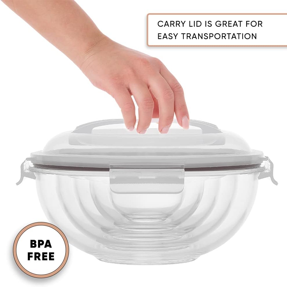 JoyJolt Kitchen Mixing Bowls. 5pc Glass Bowls with Lids Set – Neat Nesting Bowls. Large Mixing Bowl Set incl Batter Bowl, Cooking Bowls, Storage Bowls with Lids and Big Salad Bowl with BPA-Free Lids