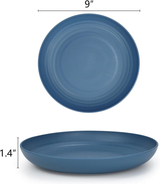 Homienly Deep Dinner Set of 12 - Alternative for Plastic, Microwave and Dishwasher Safe Wheat Straw Plates for Kitchen, Unbreakable Kids (Blue, 9 Inch)
