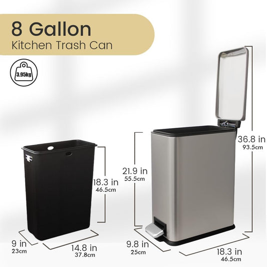 30L/Slim 8 Gallon Stainless Steel Trash Can with Soft-Close Lid & Removable Inner Bucket, Fingerprint-Proof, Odor-Controlled Kitchen Bathroom & Office Waste Bin, Grey