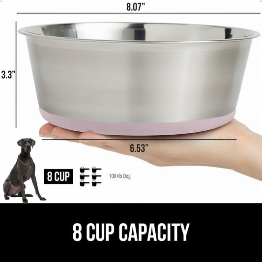 GORILLA GRIP Set of 2 Dog Bowls, Holds 8 Cups (64 fl oz), Heavy Duty Metal Food and Water Bowl for Feeding Dogs and Cats, Dishwasher Safe, Rust Resistant Stainless Steel, BPA Free Rubber Base, Lt Pink