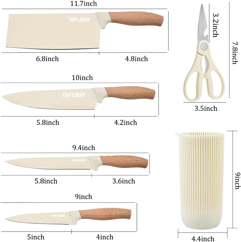 Knife Set, Wiztoynia 6-Piece Beige Kitchen Knife Set for Home, Anti-Rust Non-stick Stainless Steel Sharp Chef Knife Set with Universal Knife Block for Kitchen, Ergonomical Design (Beige)