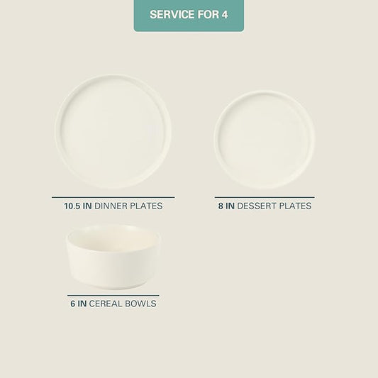 Gibson Home Dempsey Road 12-Piece Stoneware Dinnerware Set – Service for 4, Round White Plates and Bowls, Durable Solid Color Modern Embossed Dish Set, Microwave & Dishwasher Safe