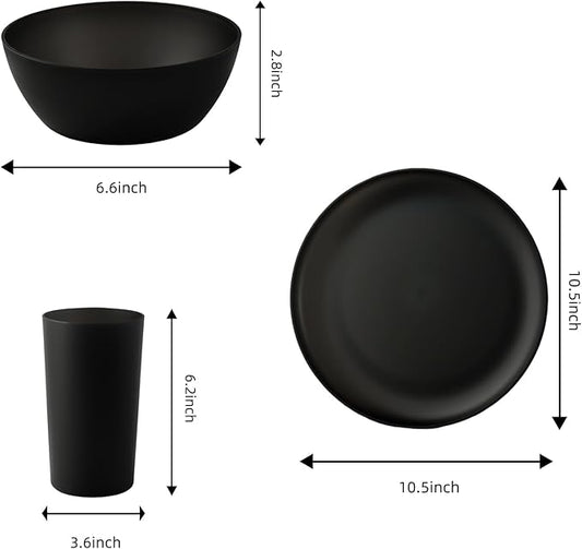 24pcs Dinnerware Sets,Plastic Plates and Bowls Sets,Dishes Set for 8,Unbreakable Modern Dish Sets,Reusable Dinning Set,Dishware Sets for Kitchen,Party or Picnic, Dishwasher Safe,Black,BPA free