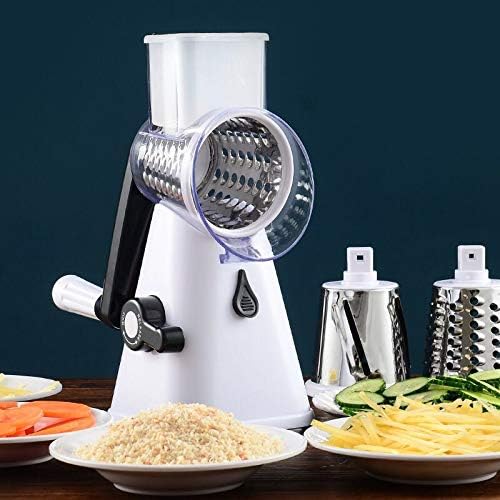 Manual Rotary Potato Grater Kitchen Mandoline Vegetable Slicer,with 3 Interchangeable Blades,Easy to use (White)
