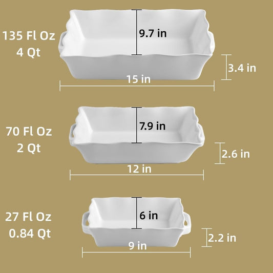 Sweejar Casserole Dishes for Oven, Ceramic Bakeware Set of 3, Rectangular Baking dish with Handles, Wave Edge Lasagna Pan Deep for Cooking, Cake, Dinner, Banquet and Daily Use (White)