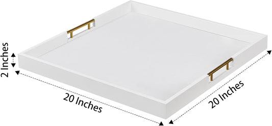 20x20 Inches Large White Faux Leather Wrapped Wood Ottoman Tray with Handles for All Occasions, Serving Food Breakfast on Bed, Home Decor Decorative, Living Room,Square Coffee Table Organizer