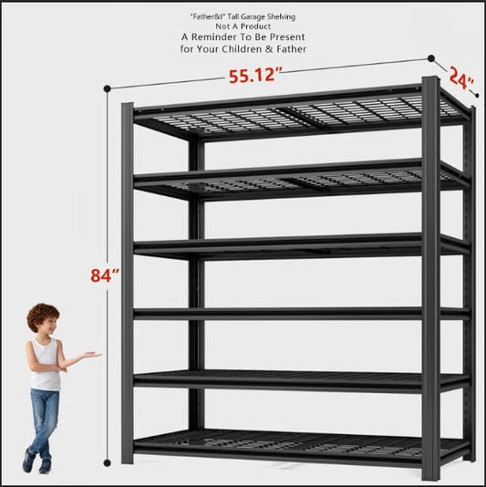 55.12" W Father&I 6-Shelf Industrial Adjustable Heavy-Dudy Tall Metal Garage Storage Shelves Shelving Units/Steel Wire Rack System (Commercial) for Basement/Shop, 84" H*55.12" W*24" D*, Black
