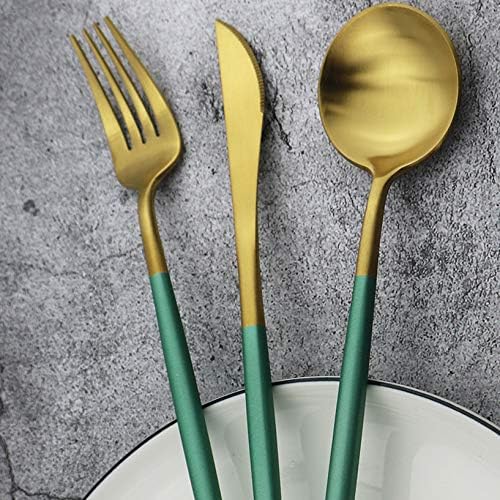 Gugrida 20-Piece 18/10 Stainless Steel Flatware Silverware, Luxury Dinnerware Set Travel Cutlery Tableware Include Knife Fork Spoon Service for 4, Dishwasher Safe (Green Handle Matte Gold)