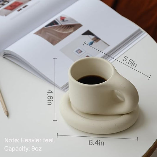 WENSHUO Chubby Funny Coffee Mug, Novelty Cute Cup and Saucer, Matte Crème, 9 oz (Matte Crème)