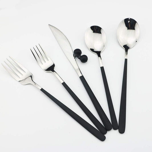 JASHII 20-Piece SUS304 Stainless Steel Flatware Set, Mirror Polished Black Silver Silverware Set Dinner Knife Fork Spoon Dessert Fork Salad Spoon Service for 4.(Black silver)