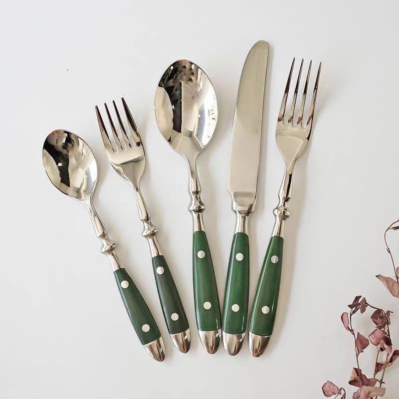 20-Piece Silverware Set, Stainless Steel Flatware Set, Service for 4, Vintage Cutlery Set with Green Bakelite Handle, Mirror Polished | Rustic | Dishwasher Safe