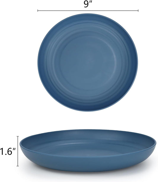 Homienly Deep Dinner Plates Set of 8-9 inch Alternative for Plastic Plates Microwave and Dishwasher Safe Wheat Straw Plates for Kitchen Unbreakable Plate Set (Blue)