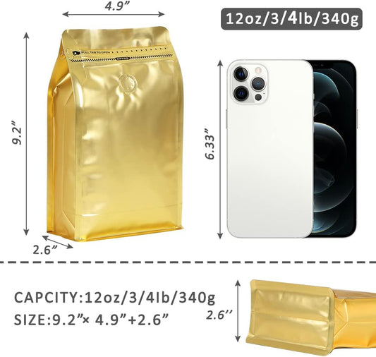 coffee bags with Valve High Barrier Aluminumed Foil Flat Bottom Standing Coffee Beans Storage Bags,Reusable Heat Sealable Side Zipper Pouches (12oz/50pcs, Gold)