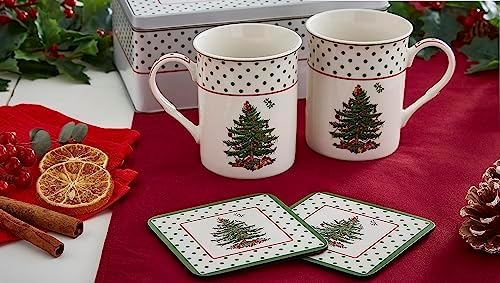 Spode Christmas Tree Polka Dot Mug & Coaster Set with Tin Box (5-Piece Set) - Festive Holiday Gift Set for Tea Lovers - Elegant Porcelain Mugs & Cork-Backed Coasters - Dishwasher & Microwave Safe