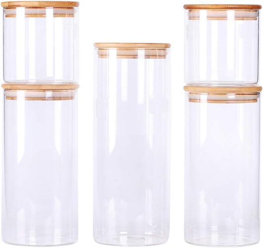 Stackable Kitchen Canisters Set, Pack of 5 Clear Glass Food Storage Jars Containers with Airtight Bamboo Lid for Candy, Cookie, Rice, Sugar, Flour, Pasta, Nuts