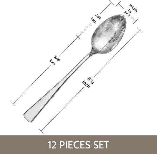 KINGSTONE 12 Piece Dinner Spoon Set, 18/10 Stainless Steel Spoons, Silver Food Grade Table spoons of 12, Metal Spoons for Home, Kitchen, Weddings, Parties or Restaurant, Dishwasher Safe-8.15inches